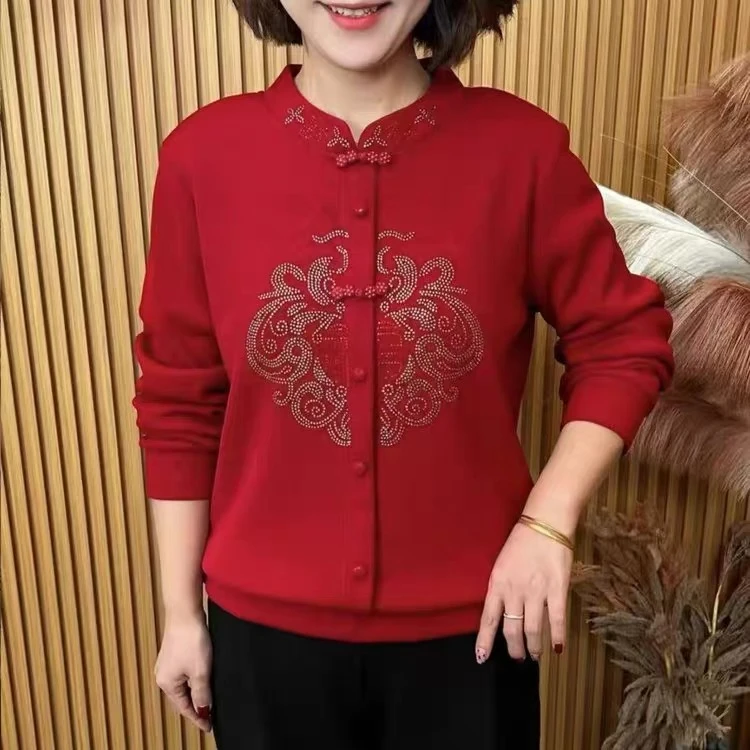 2024秋冬新款中式风加绒加厚保暖烫钻显瘦百搭洋气妈妈装长袖上衣