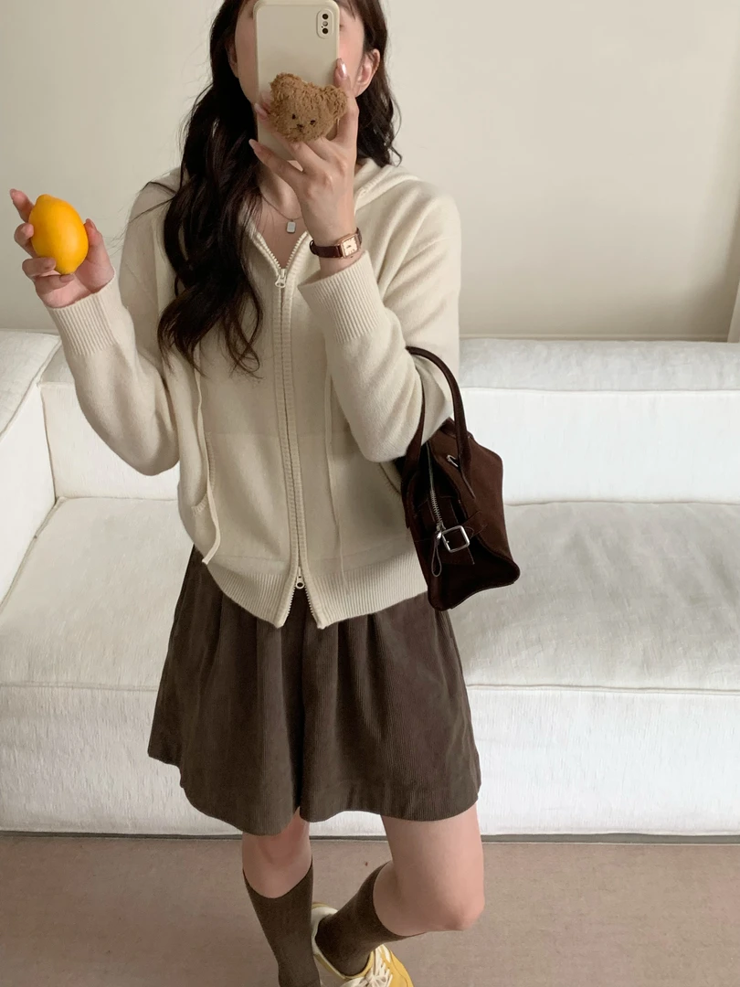 【潘潘.9508】2025年早秋新款无缝一体100%绵羊毛时尚百搭连帽开衫