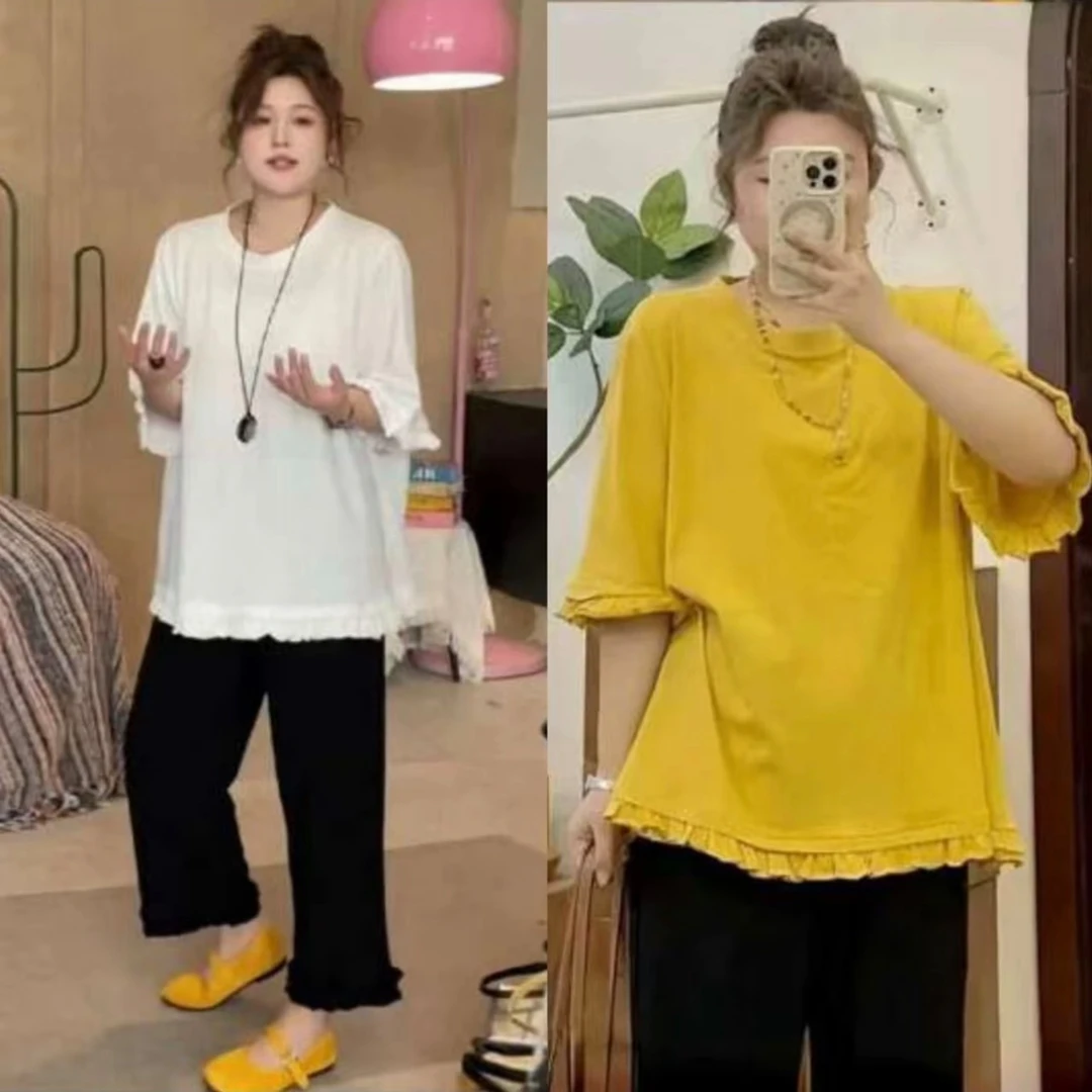 大码休闲百搭直筒花边裤5665