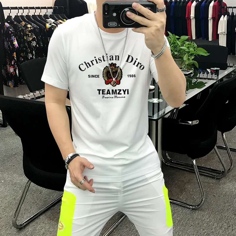 欧洲站夏季新品纯棉t恤男圆领经典字母印花图案半袖潮牌男士短袖