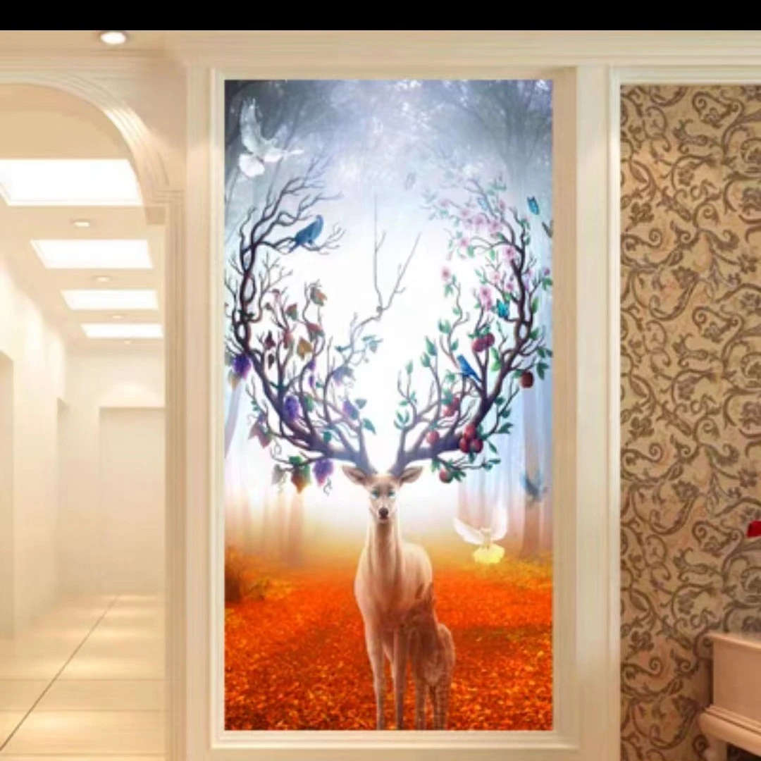 益师傅鹿油画风格装饰画客厅竖版挂画铝合金边框背景画小鹿80120