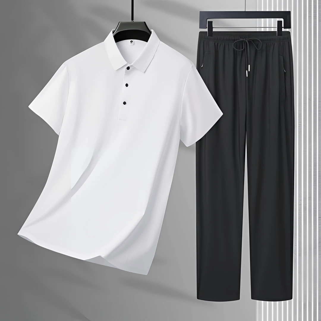 运动服休闲夏天翻领男士冰丝商务套装休闲运动套装男