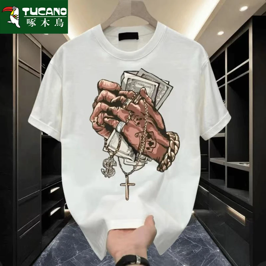 啄木鸟重磅纯棉短袖t恤男士夏季韩版宽松潮流休闲时尚印花圆领T恤