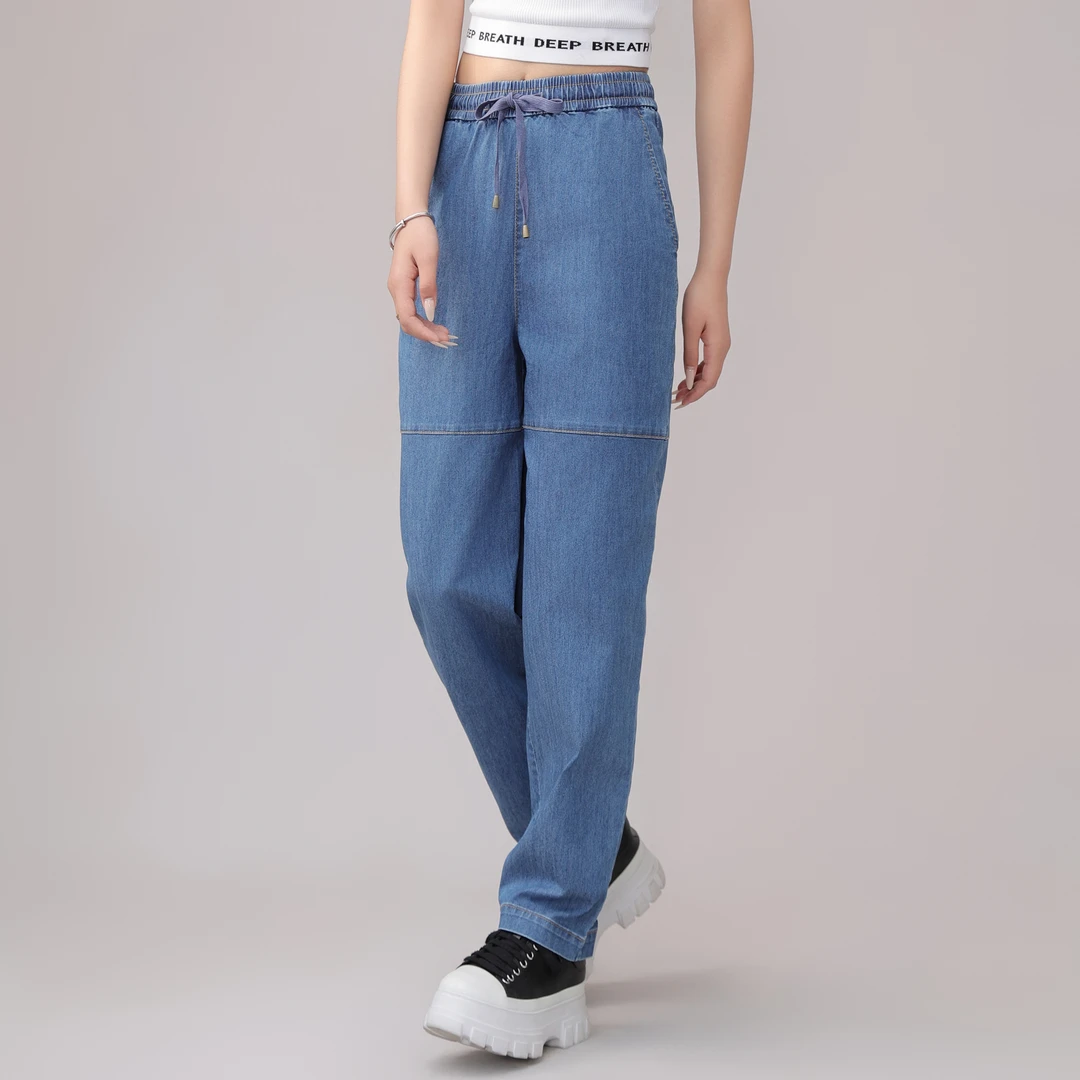 AMASS/阿玛施新款女装复古休闲显瘦松紧腰九分牛仔哈伦裤 5100387