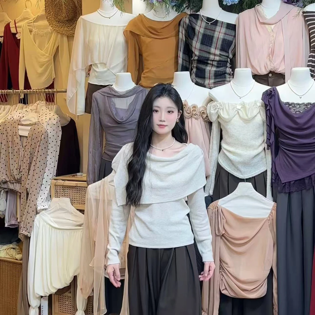 设计感小众荡领针织衫女春秋叠穿披肩两件套早秋韩系chic别致上衣