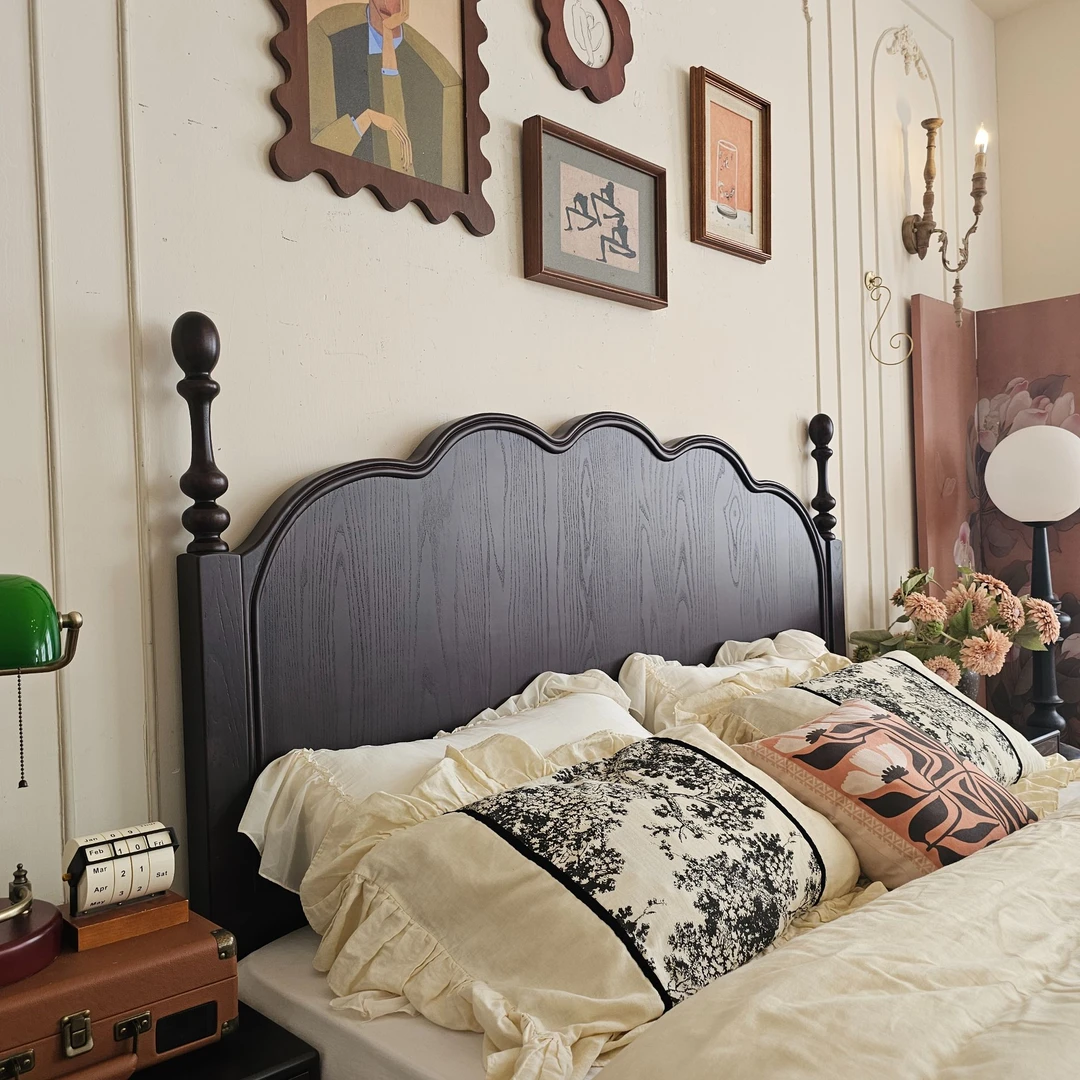 白蜡木马赛中古风实木床法式复古双人主卧室1.8米美式黛紫色主卧