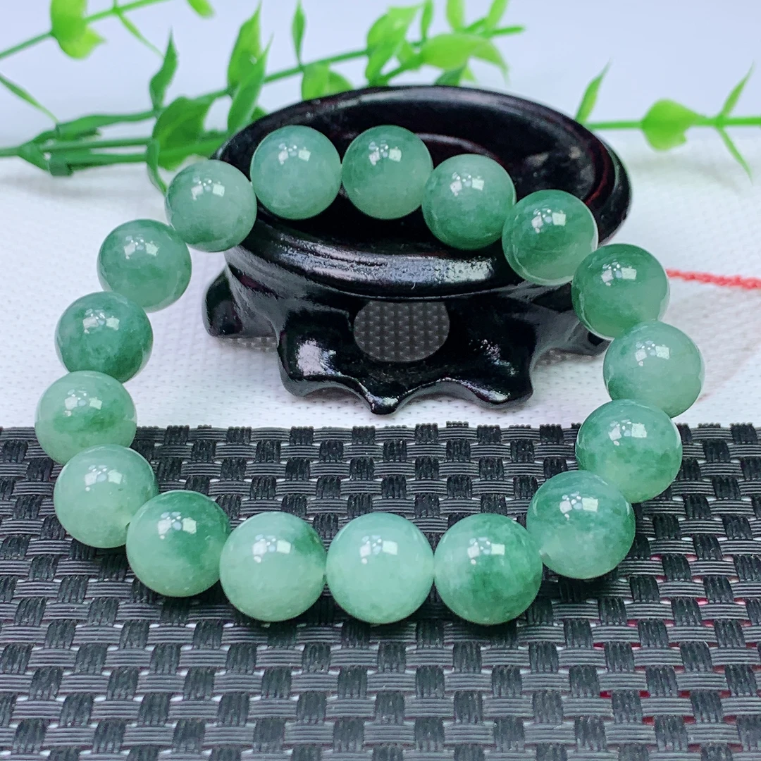 缅甸天然A货翡翠 冰飘花圆珠手串 珠大12+mm 17颗