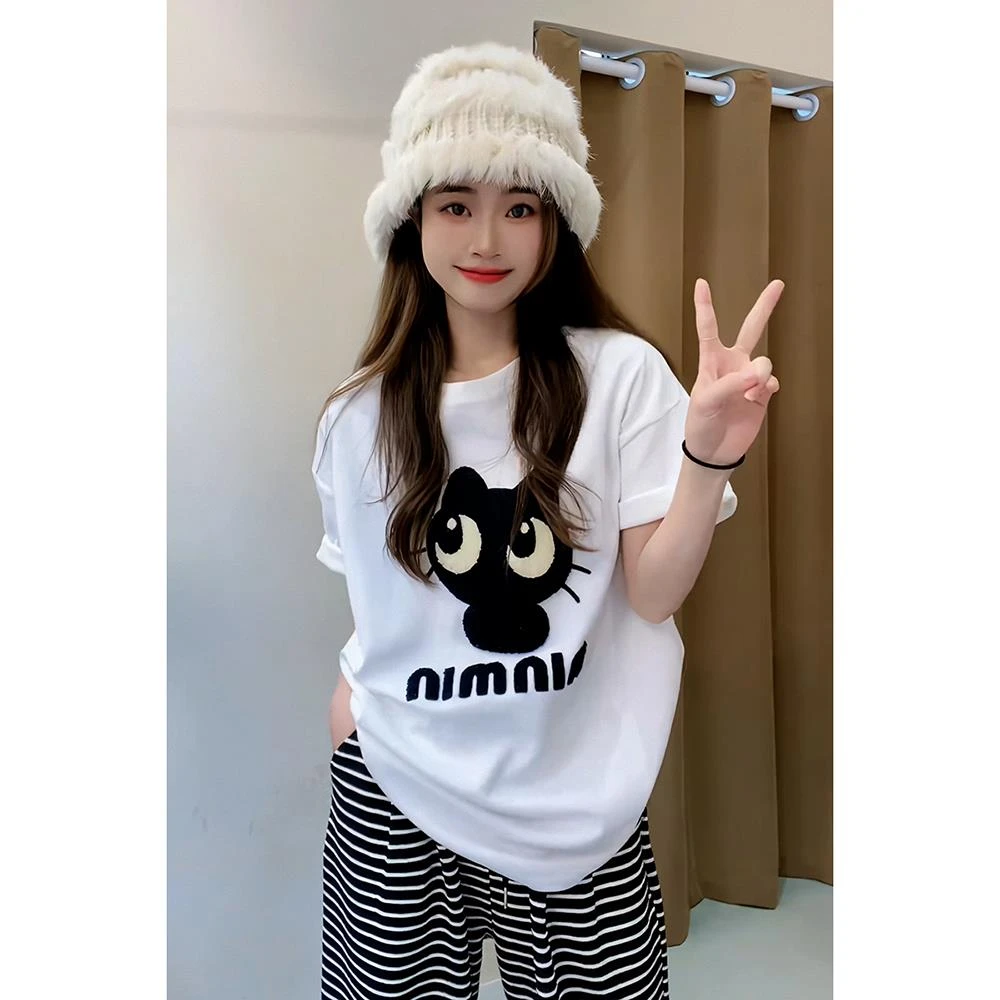 欧货卡通猫咪印花宽松休闲上衣女2025夏季新款慵懒风显瘦短袖t恤