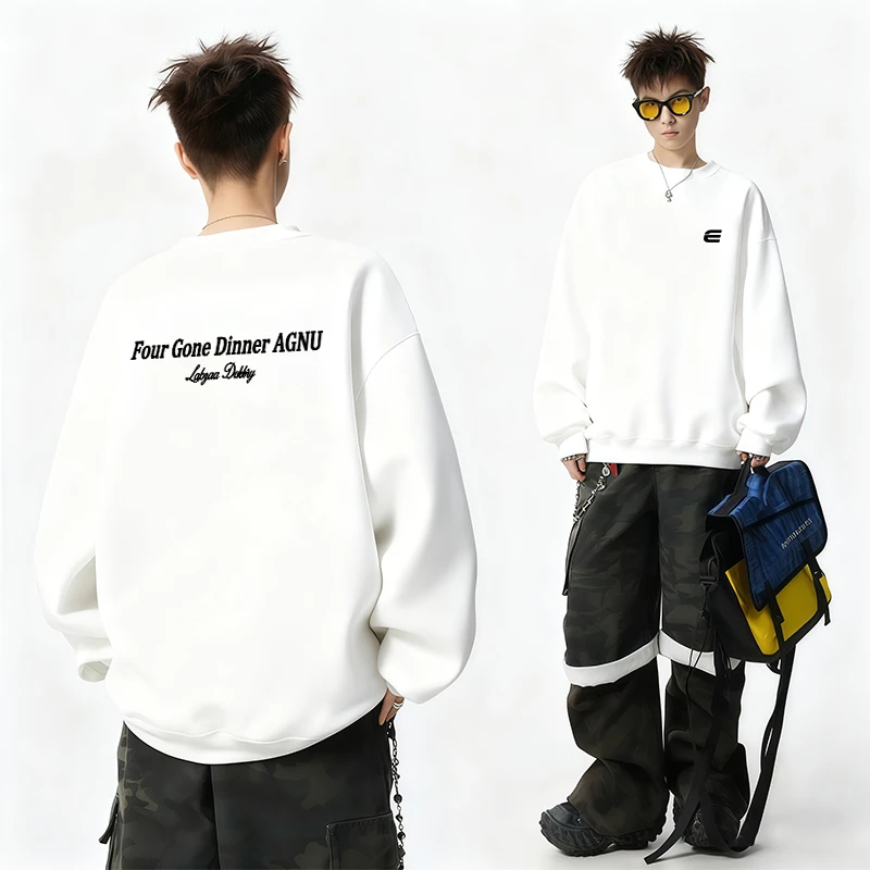 欧美式潮牌卫衣男圆领长袖外套秋冬季新款加绒加厚套头打底衫内搭