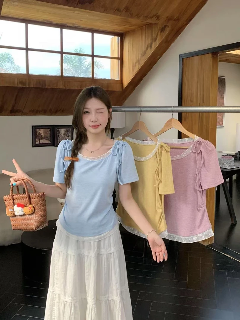蕾丝拼接收腰显瘦短袖T恤女2025夏季新款大码女装胖m纯欲甜美上衣