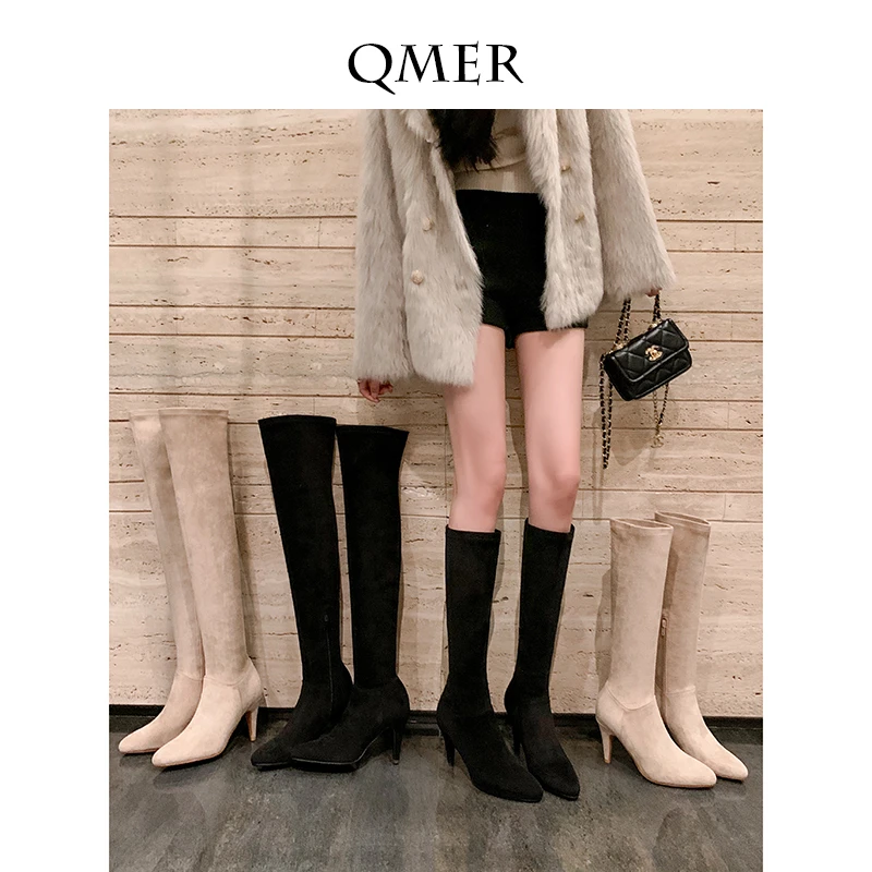 秋美儿韩版尖头高跟过膝长靴女性感气质细跟大筒围长筒粗腿高筒靴