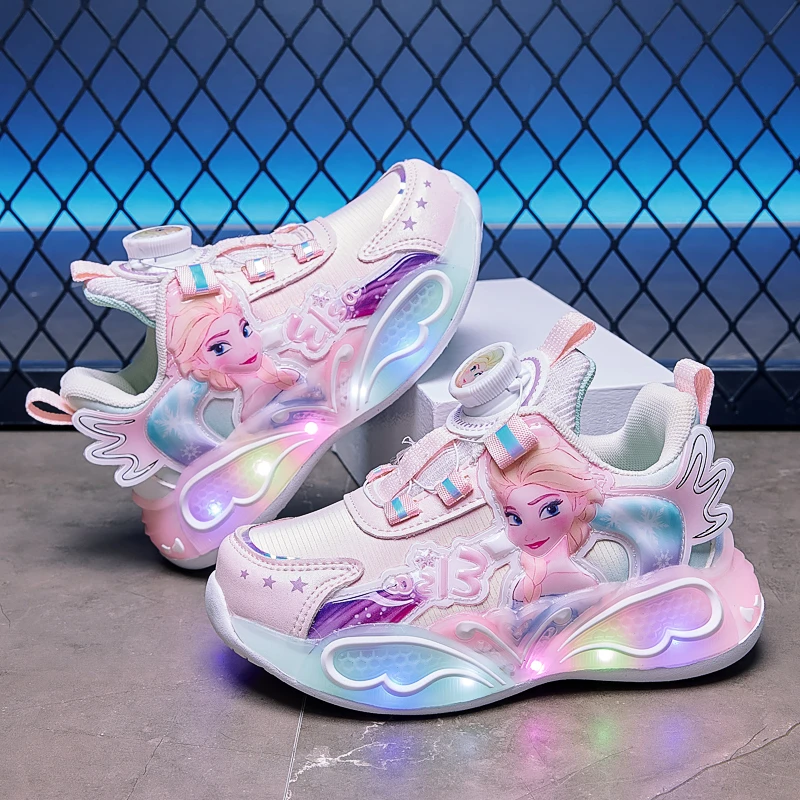女童亮灯鞋可爱公主儿童运动鞋秋冬季新款旋转纽扣防滑软底发光鞋