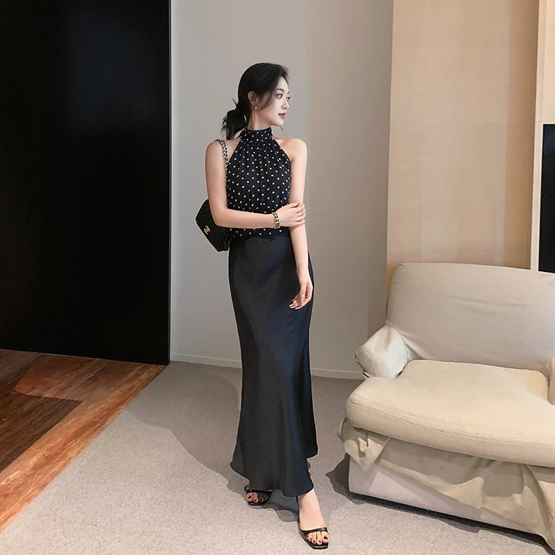林关关 【夜未央】黑色中式缎面半身裙女a字长裙气质垂坠感鱼尾裙子