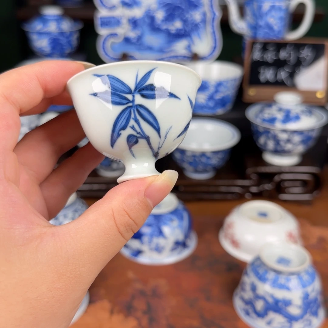 杯慢叩柴窑 青花高足