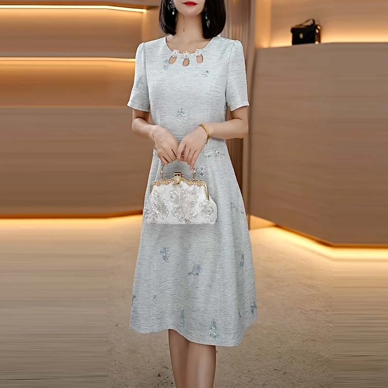 2025夏季新款A3142洋气长裙遮肉显瘦大码连衣裙女修身女装连衣裙