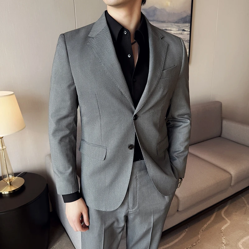夏季薄款鸟眼纹西服套装男士松紧腰弹力西裤灰色西装意式高定工艺