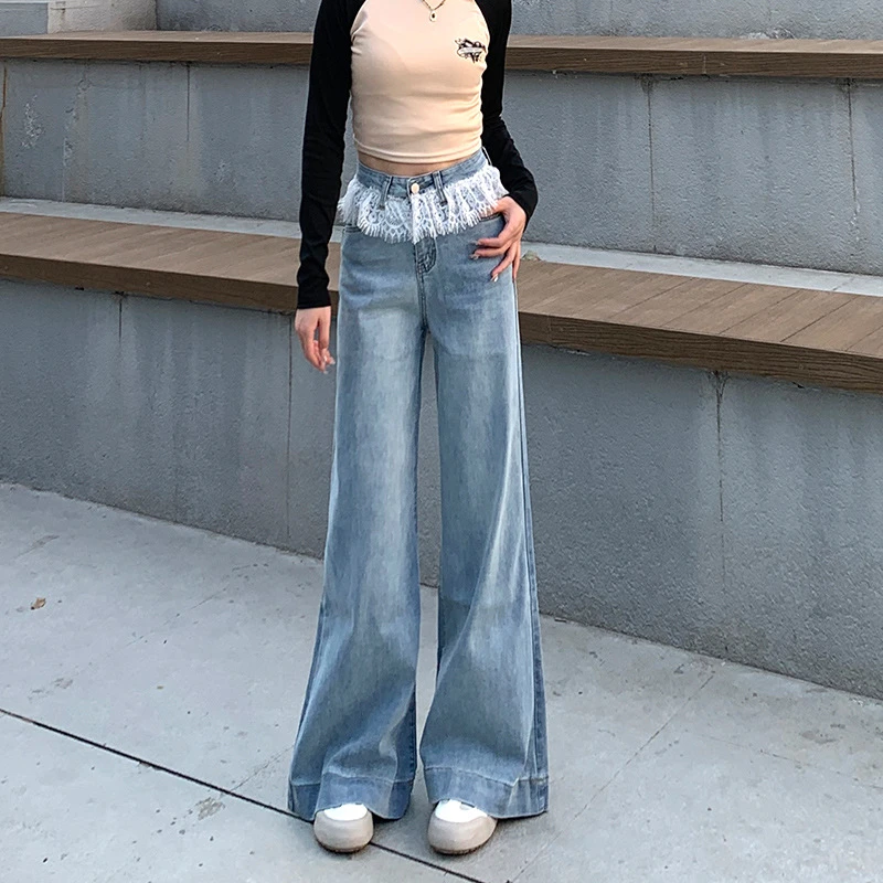 春季拼接蕾丝牛仔裤女新款洋气花边阔腿复古拖地新款长裤宽松百搭