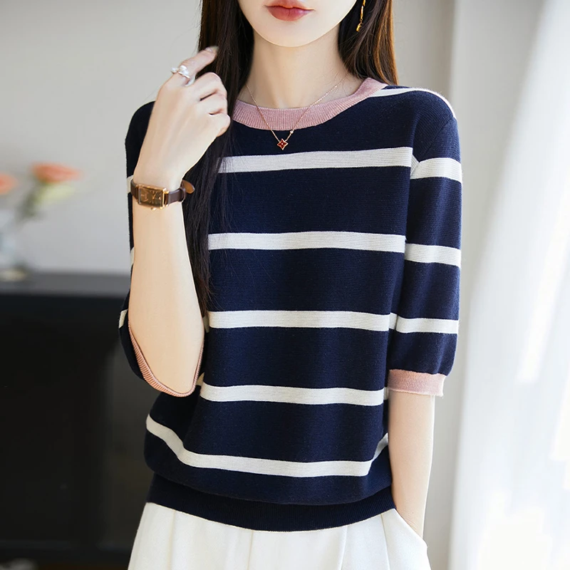 撞色圆领针织衫女士夏季大码遮肚子上衣宽松显瘦薄款条纹短袖T恤
