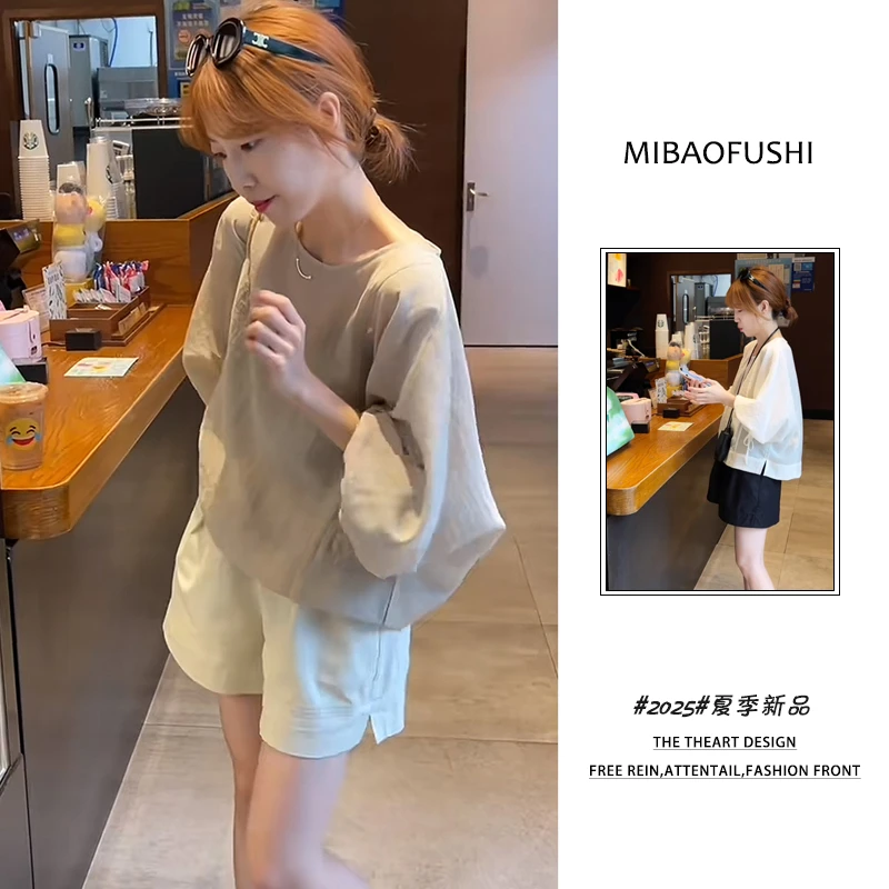 夏季穿搭一整套女装2025年新款韩系防晒衬衫高腰阔腿短裤两件套潮