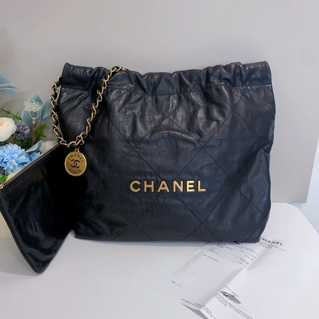 95新 Chanel/香奈儿 黑金22bag小号褶皱单肩女包14143915二奢
