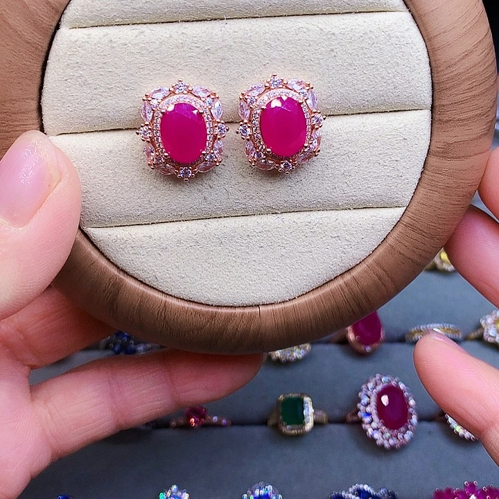 耳饰银S925镶嵌红宝石