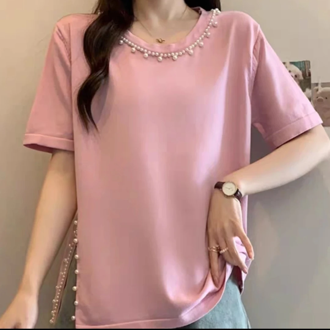 6011新款时尚设计感开叉钉珠短袖T恤女夏季大码胖mm法式显瘦上衣