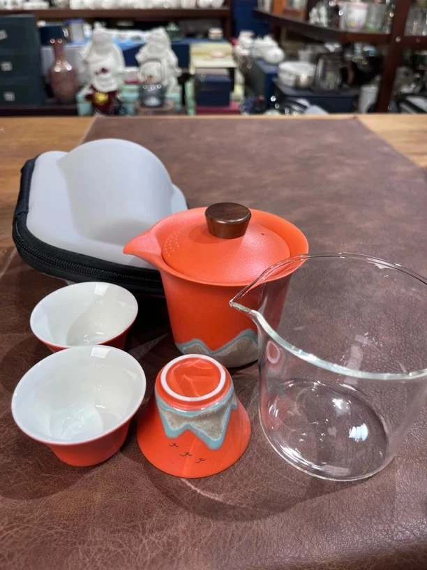 488远山爱马仕橙一壶三杯旅行茶具