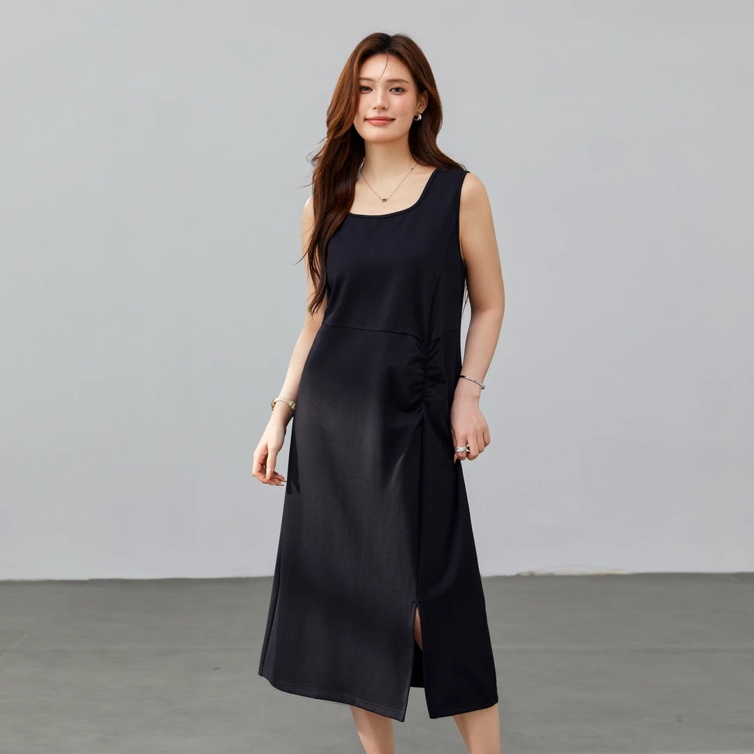 【法式复古时髦褶皱收腰开叉连衣裙】纤莉秀胖mm大码女装QK0273