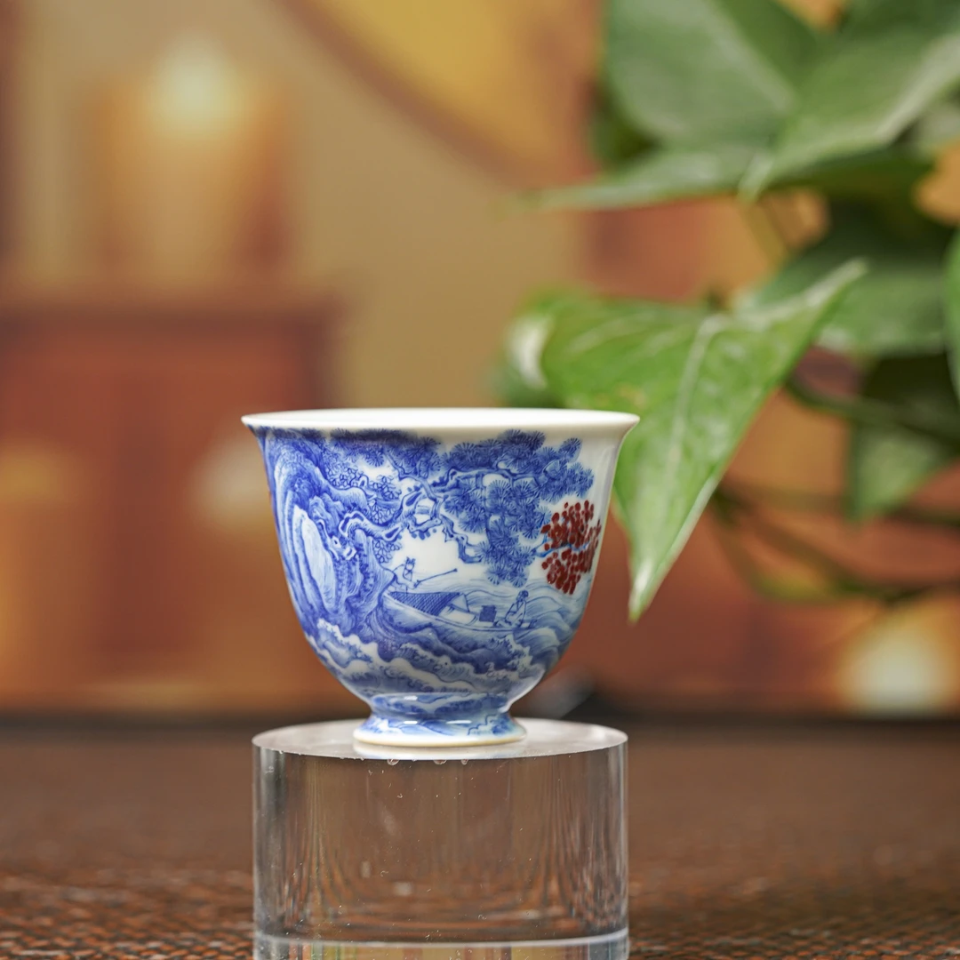 【墨舍名窑】林涛小馆釉里红山水松溪渔炊高足铃铛杯ltxg8陶瓷复古