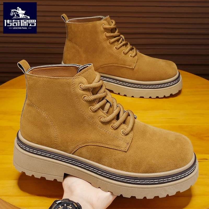 传奇保罗马丁靴男高帮大黄靴2025新款英伦风短靴厚底男士休闲皮靴