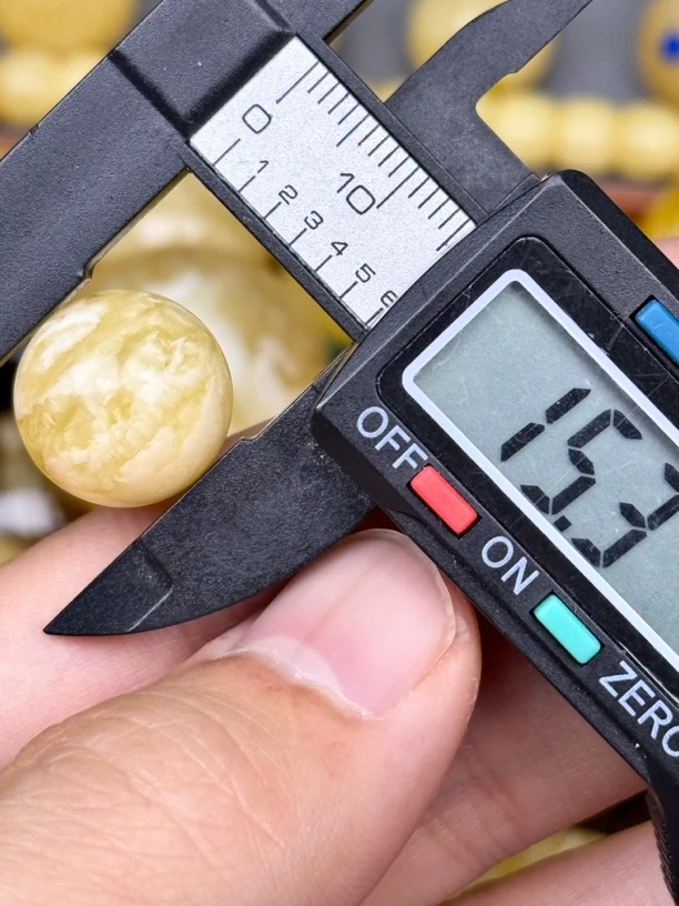 15.3mm俄料国矿一级料浓瓷白妖孽虎皮纹千层雪橘底金溶洞蜜蜡圆珠