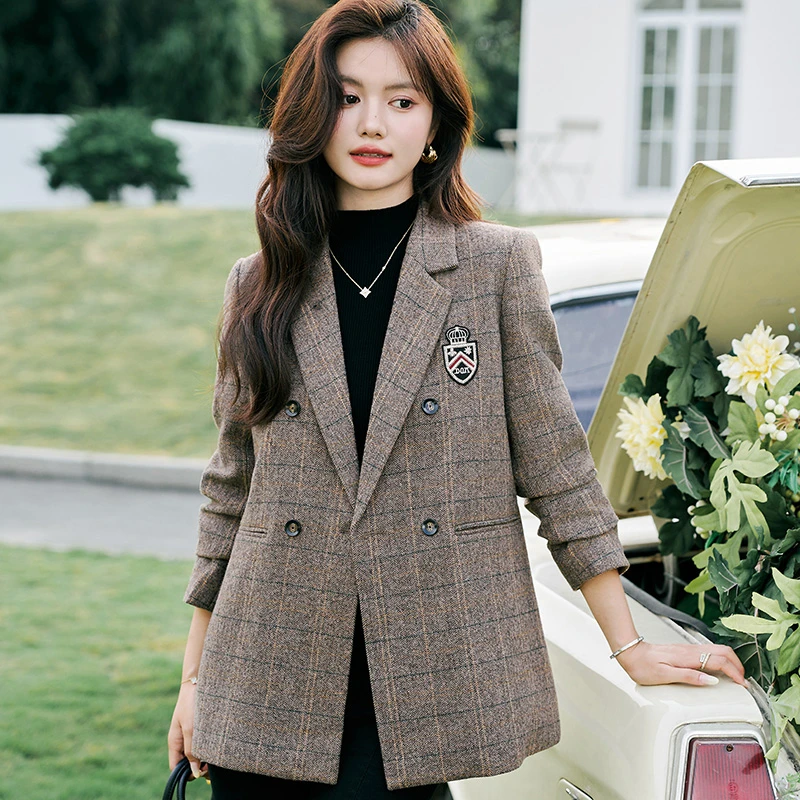 咖啡格子西装外套女2024新款秋冬英伦风女士休闲高级感羊毛小西服