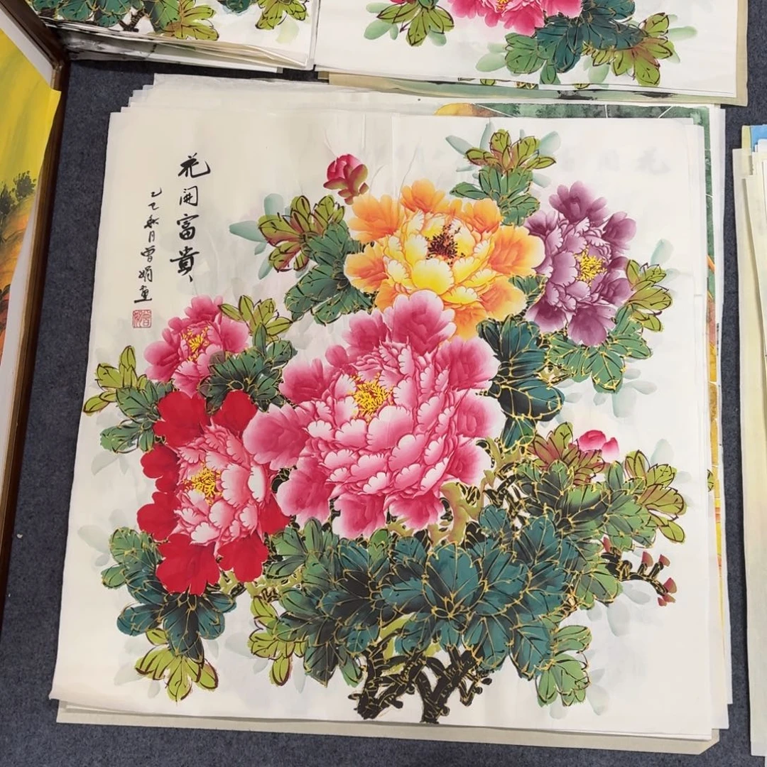 国画68×68千层金线牡丹手绘