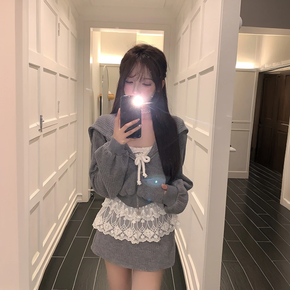 纯欲风显高瘦连帽卫衣外套半裙套装