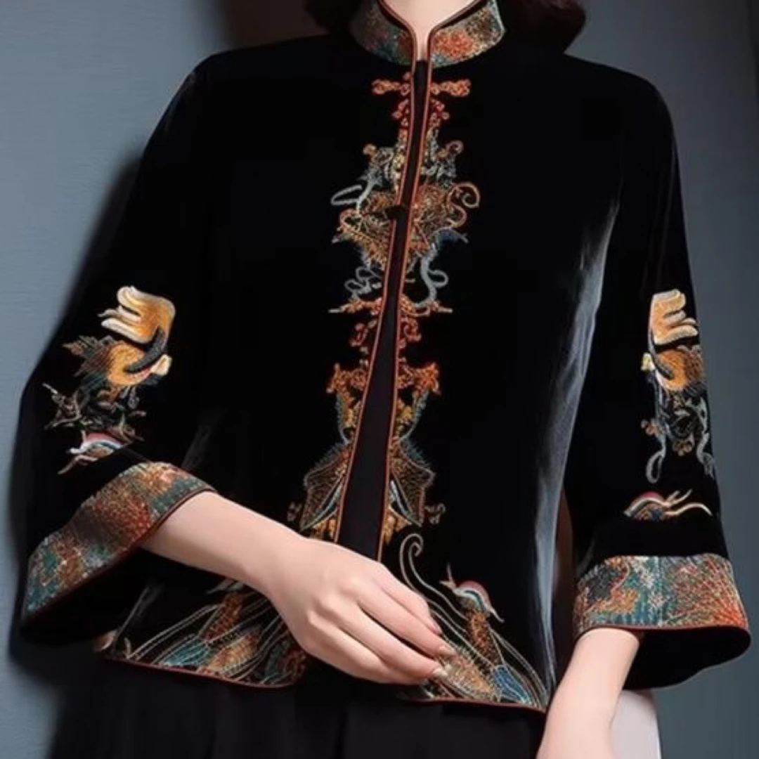 01-100拍编码国风丝绒绣花新中式短外套 洋气贵气妈妈春秋款上衣