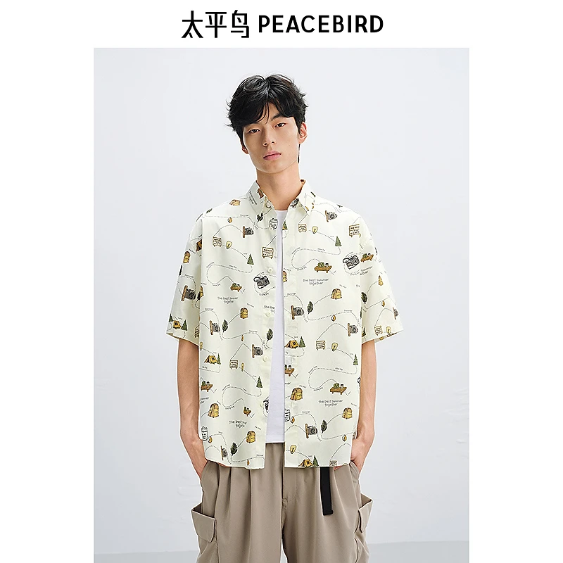 太平鸟男装休闲衬衫25夏季满版印花全棉衬衫BACJF212R