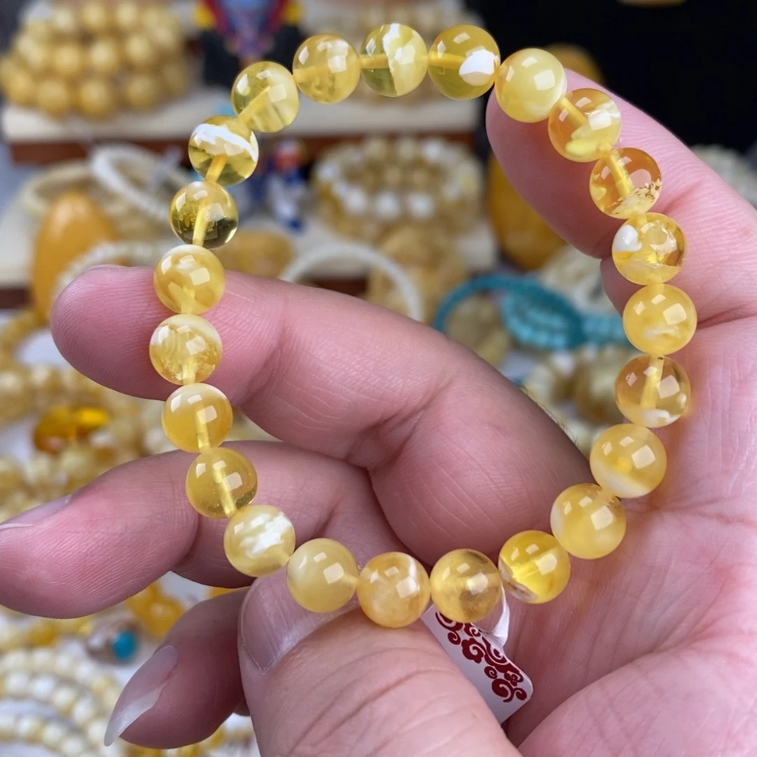 蜜蜡未镶嵌手链金瓷白妖花8mm圆珠