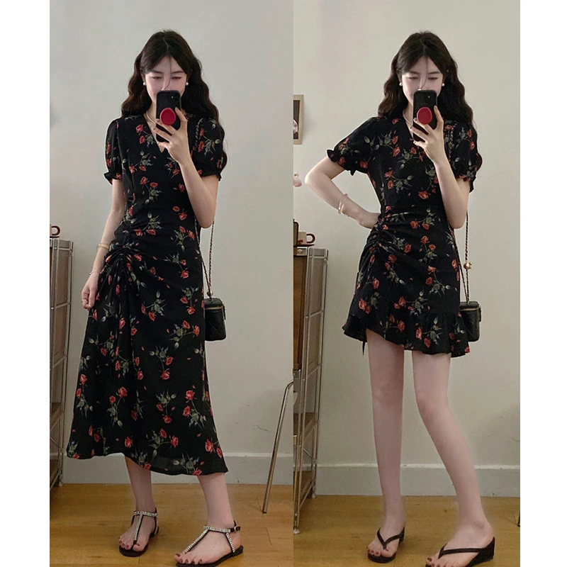 大码女装茶歇法式碎花鱼开叉显瘦连衣裙胖MM藏肉收腰长短款连衣裙
