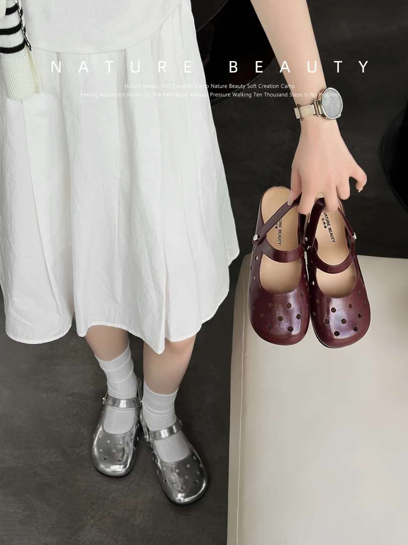 自然卷镂空设计外穿洞洞凉鞋2025新款复古百搭罗马两穿包头半拖鞋