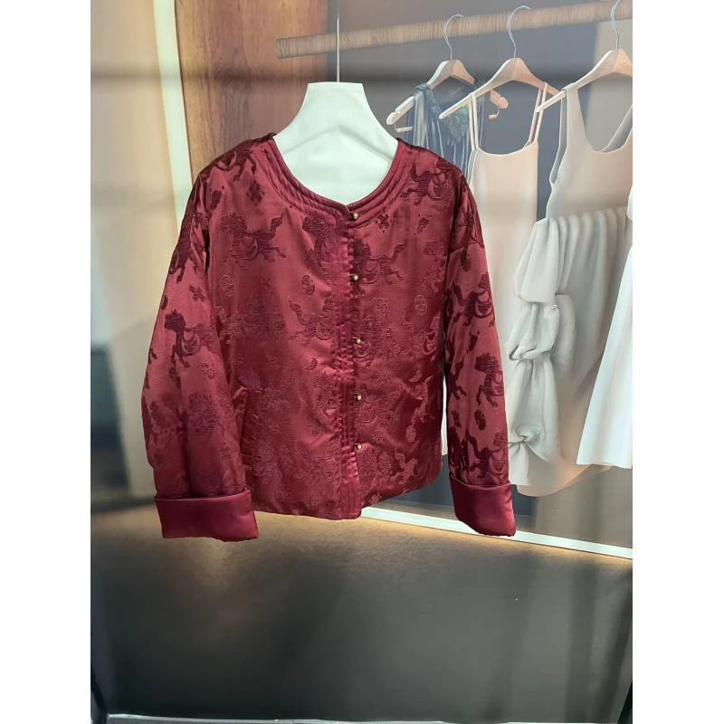 5185提花国风女装棉衣刺绣长袖圆领短款时尚直襟上衣薄款