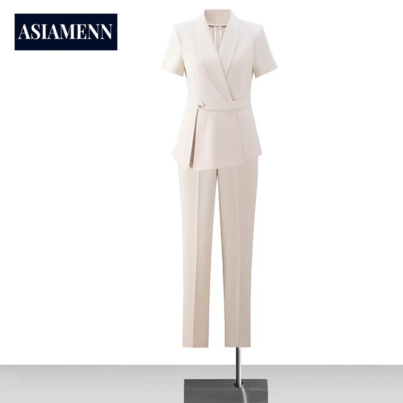 时尚高端杏色西装女士工装职业套装夏季短袖白领轻职场高级感正装