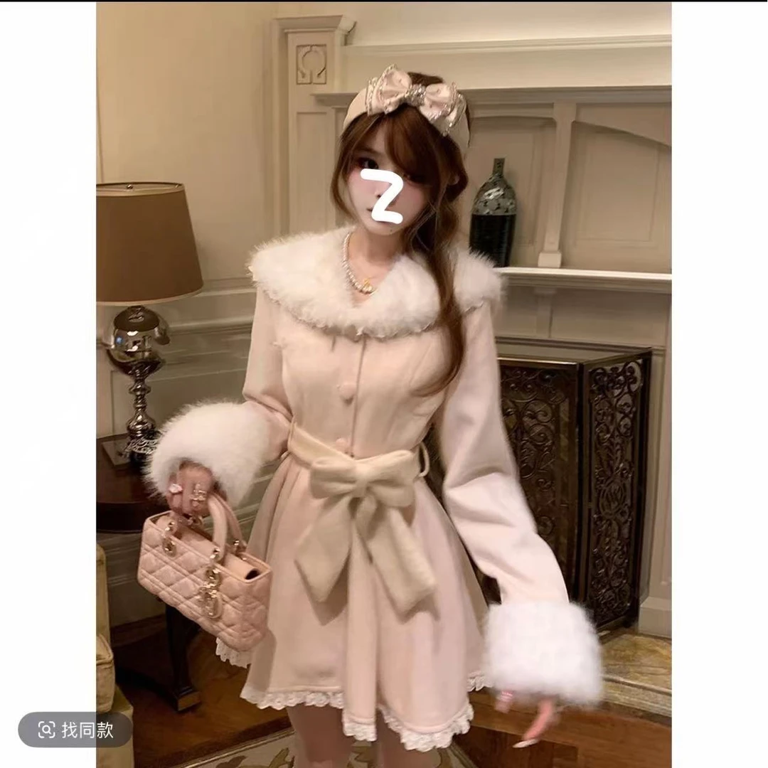 粉玉朝云 甜美日系粉色蝴蝶结系带收腰呢子大衣少女甜妹毛呢外套
