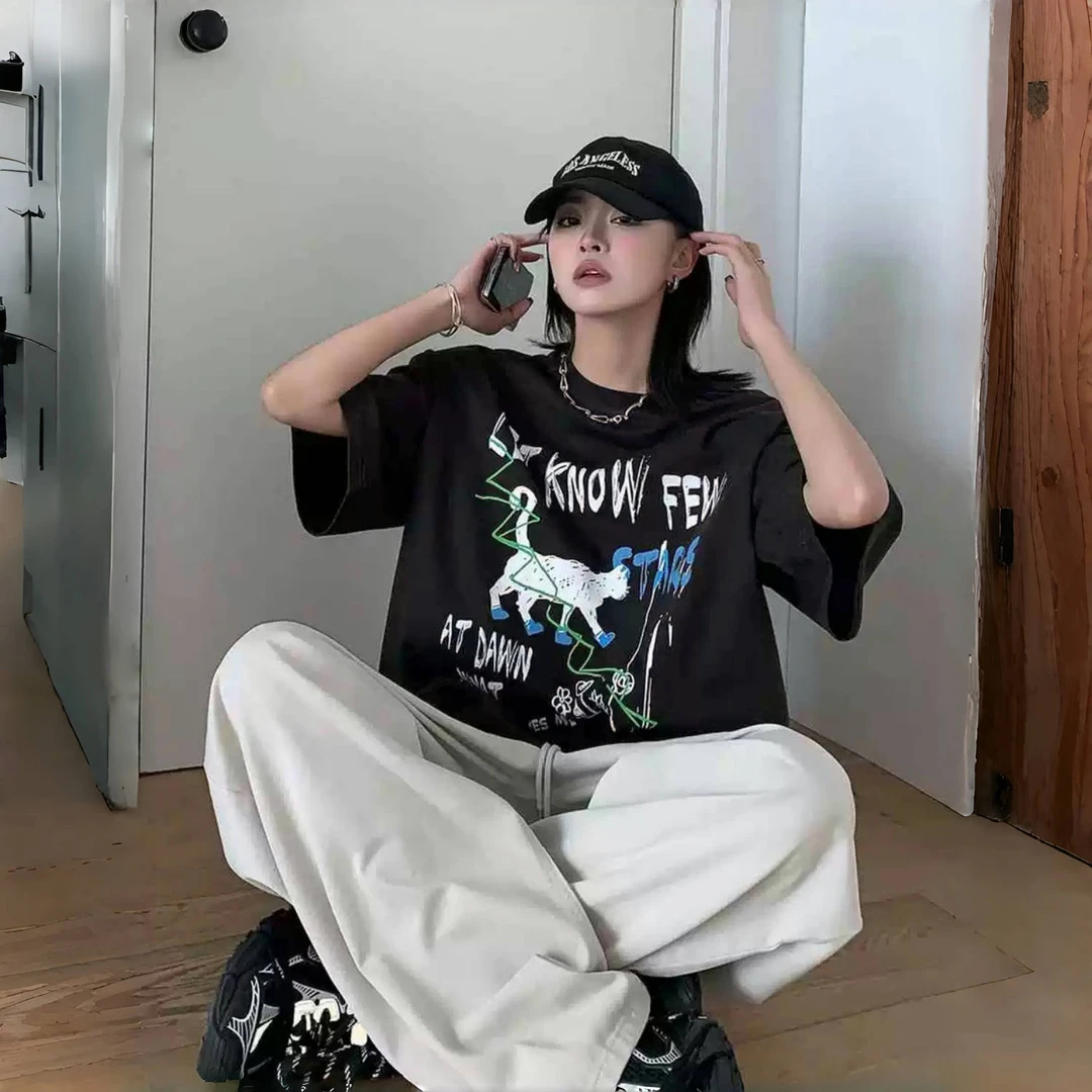 岩盐琥珀 / 印花涂鸦遮肉大版T恤14329花契大码200斤胖mm夏季时尚