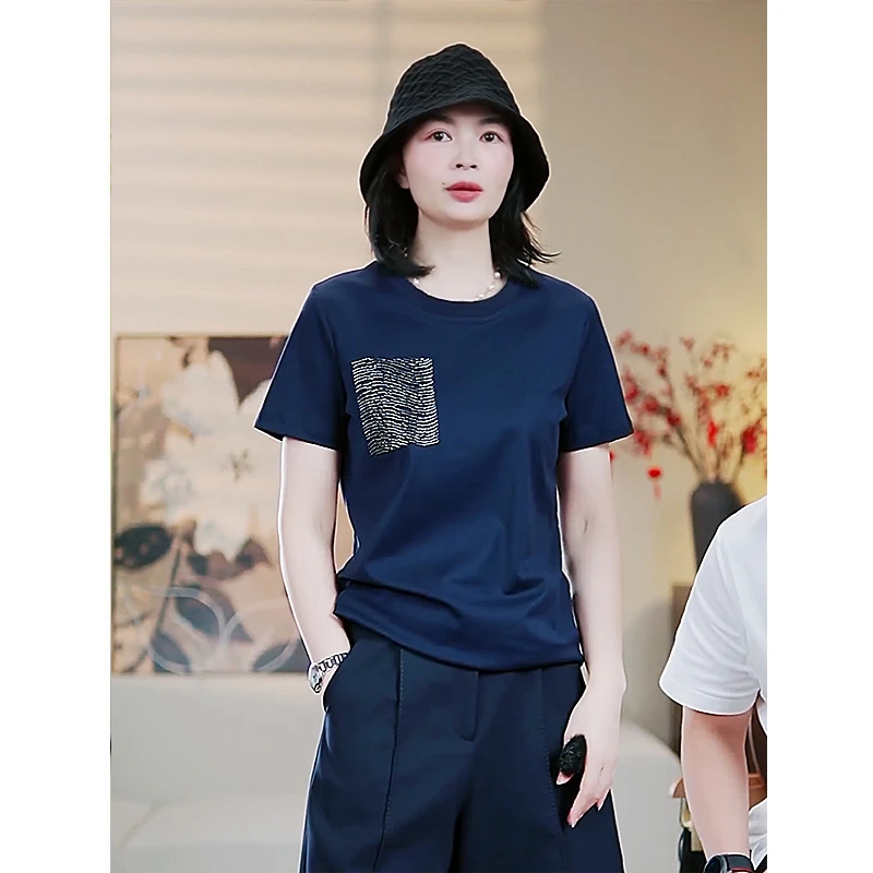 双面液氨棉短袖t恤纯棉夏季珠绣口袋洋气半袖小衫中年妈妈装气质