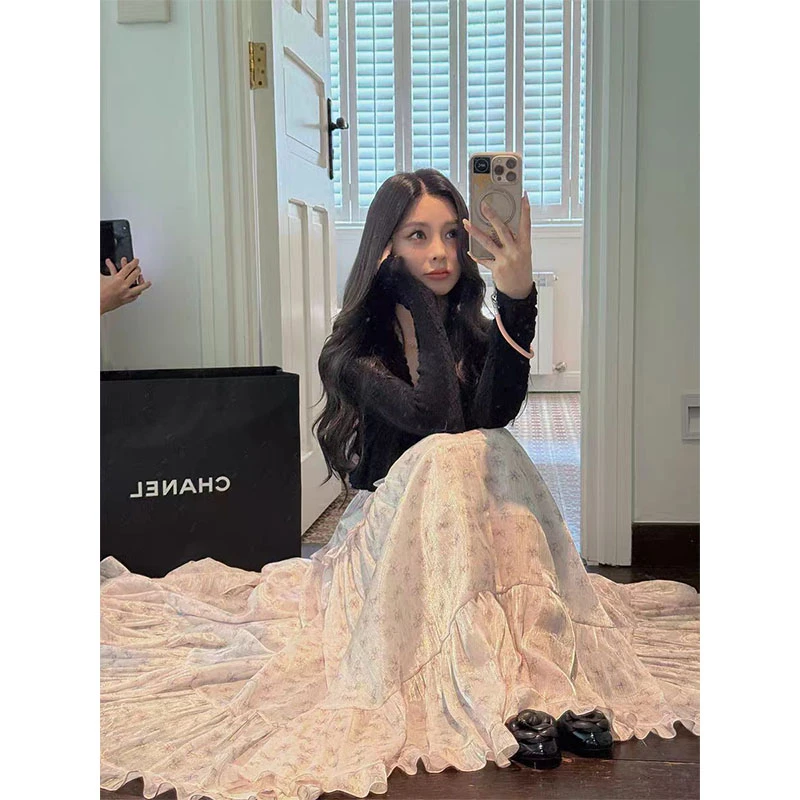 度假风温柔套装2026夏季性感U领吊带薄款开衫碎花半身裙两件套女