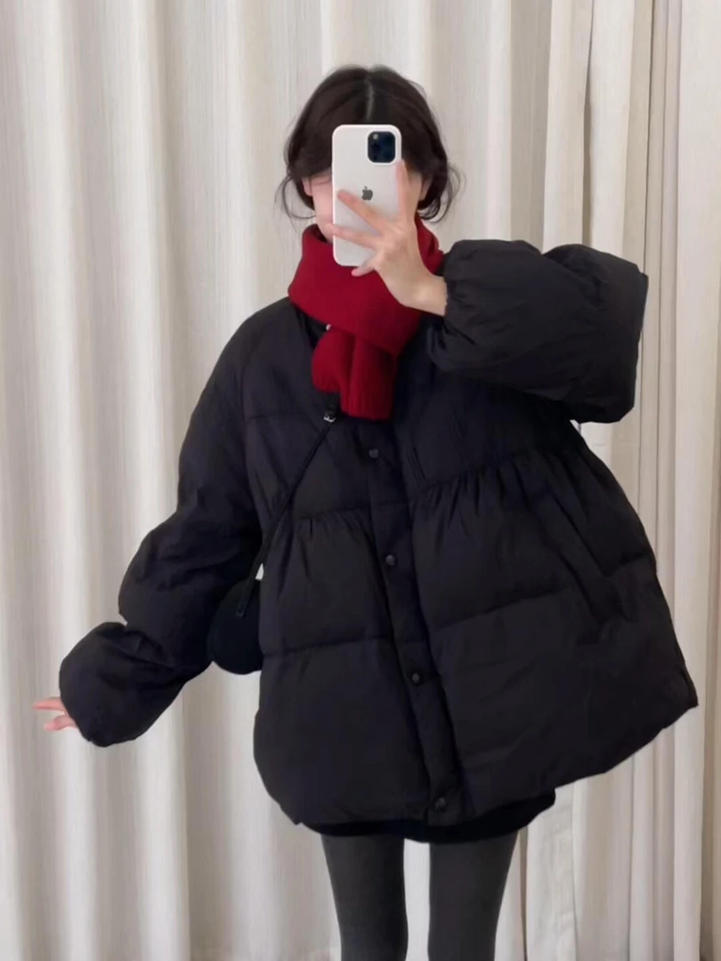 2025冬季新款韩系高级感黑色加厚立领棉服外套搭配半身短裙两件套