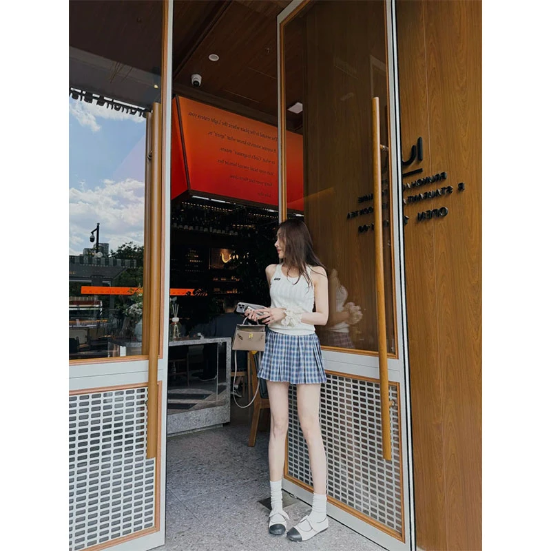 夏季甜美风设计小众洋气炸街针织无袖上衣高腰格子百褶裙半身裙女