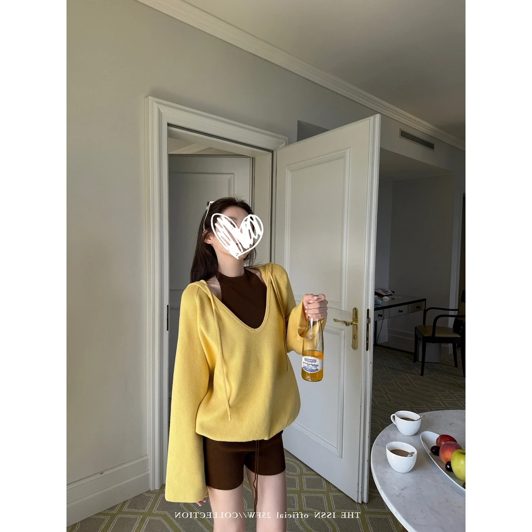 大V领抽绳连帽针织衫女早秋2025新款休闲宽松百搭毛衣上衣外套潮