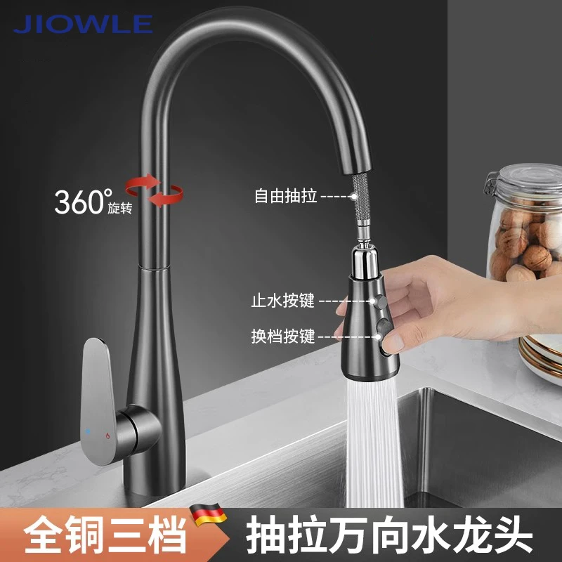 全铜厨房家用抽拉式水龙头伸缩旋转款洗菜盆水槽冷热二合一防溅水