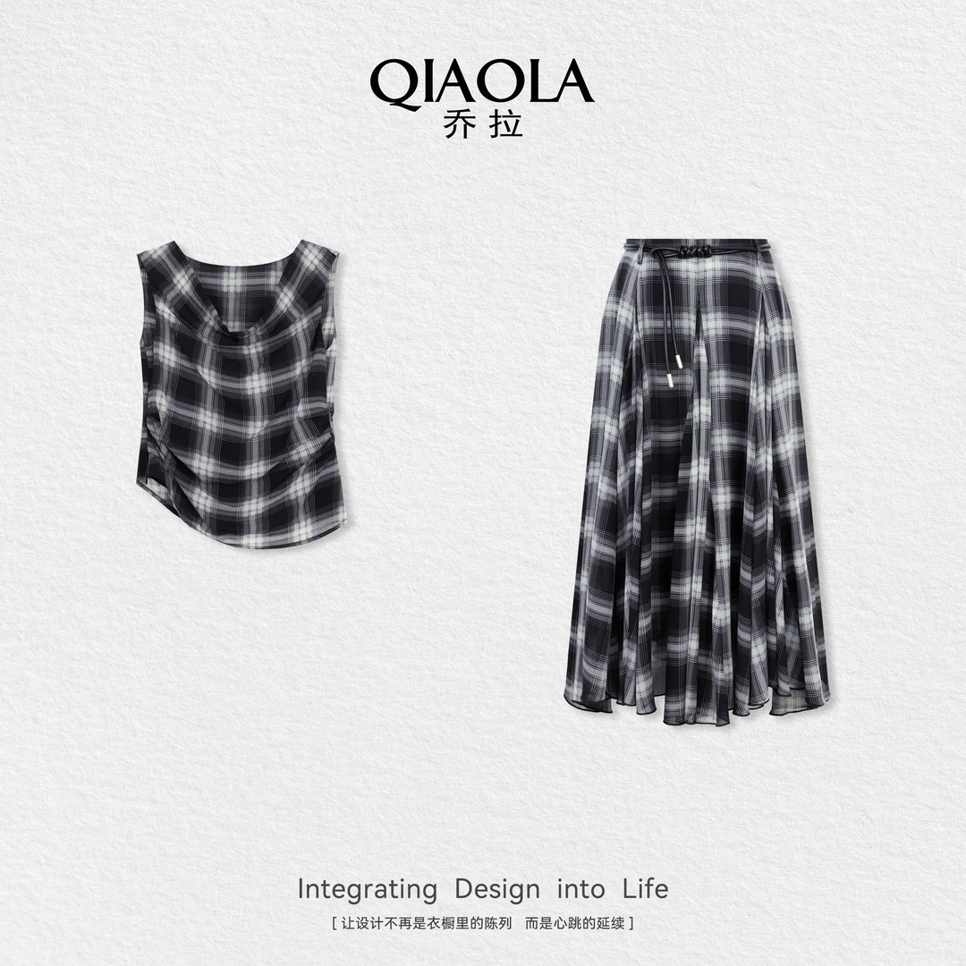 QIAOLA/乔拉【胶片相机】夏新款黑白格纹复古收腰百搭时尚套装预售